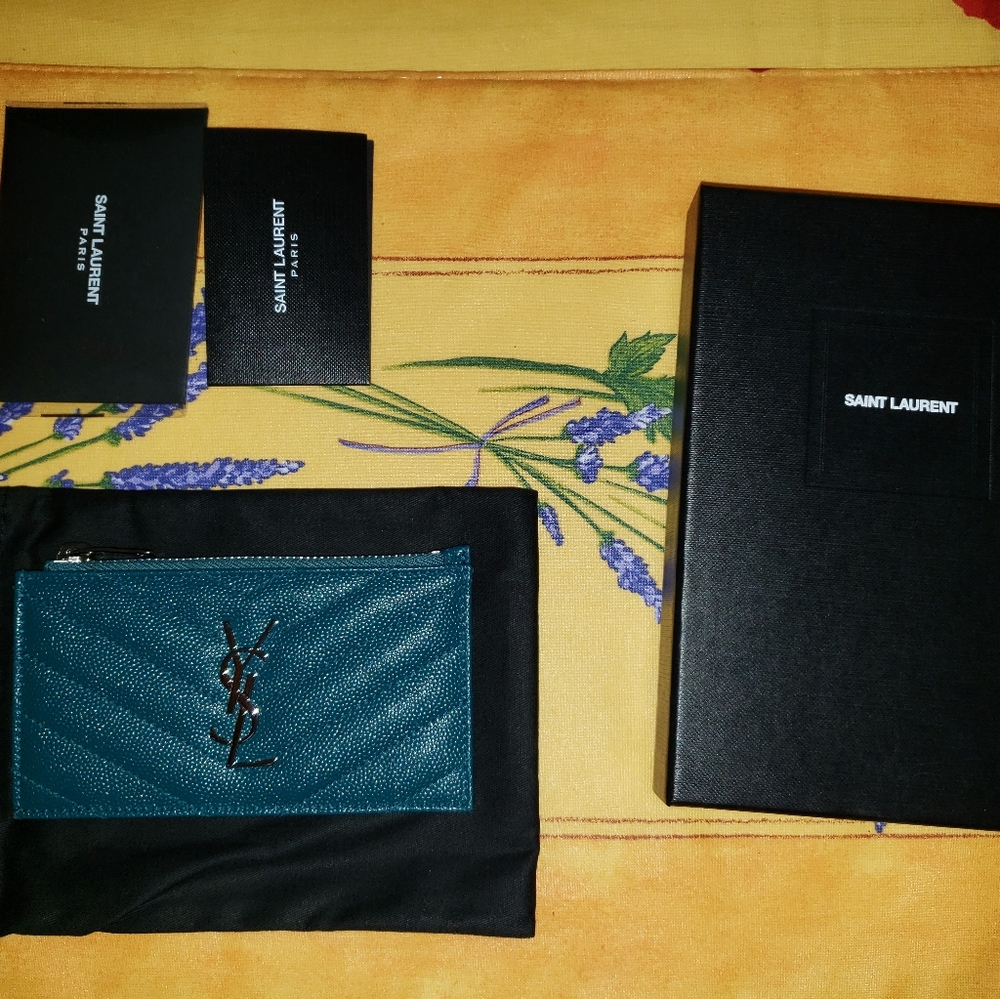 YSL Zippered Card Case in Petrol
